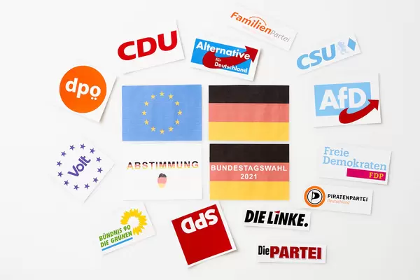 Parteien in Deutschland bei der Bundestagswahl 2021: Logos, deutsche und europäische Flagge