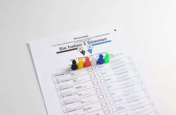 Parteien zur Bundestagswahl, Figuren vor einem Stimmzettel