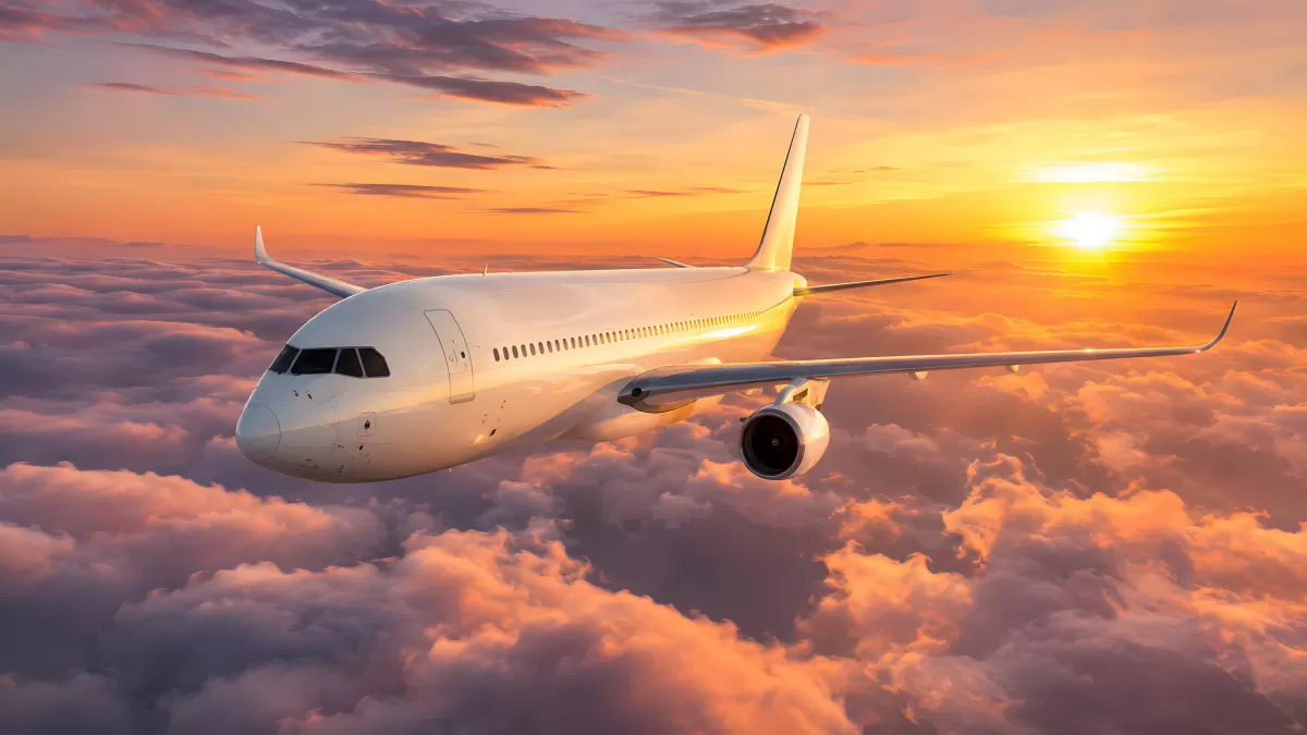 Passagierflugzeug fliegt bei Sonnenuntergang über Wolken