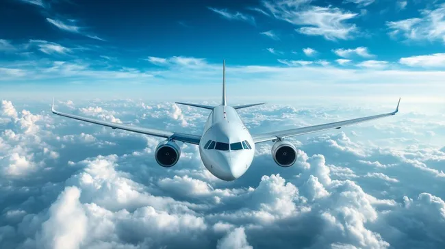 Passagierflugzeug fliegt durch blauen Himmel über Wolken
