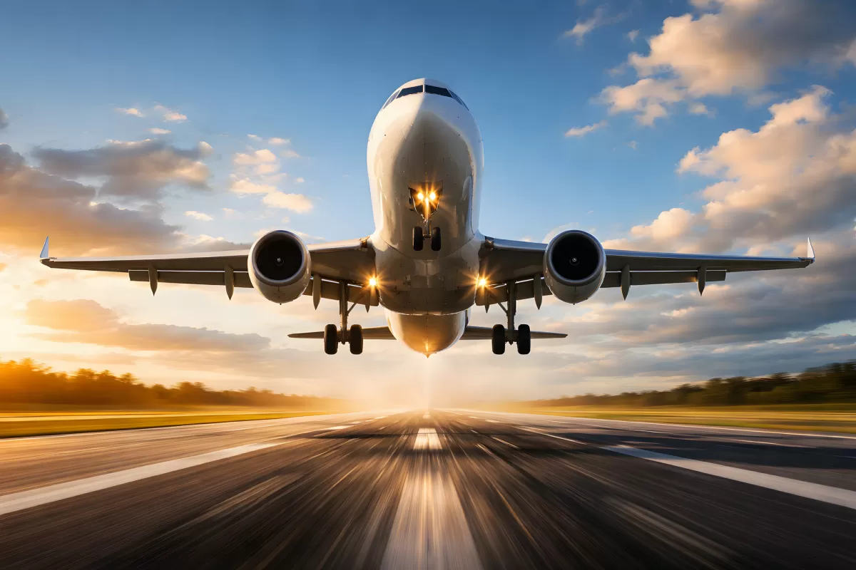 Passagierflugzeug hebt bei Sonnenuntergang ab