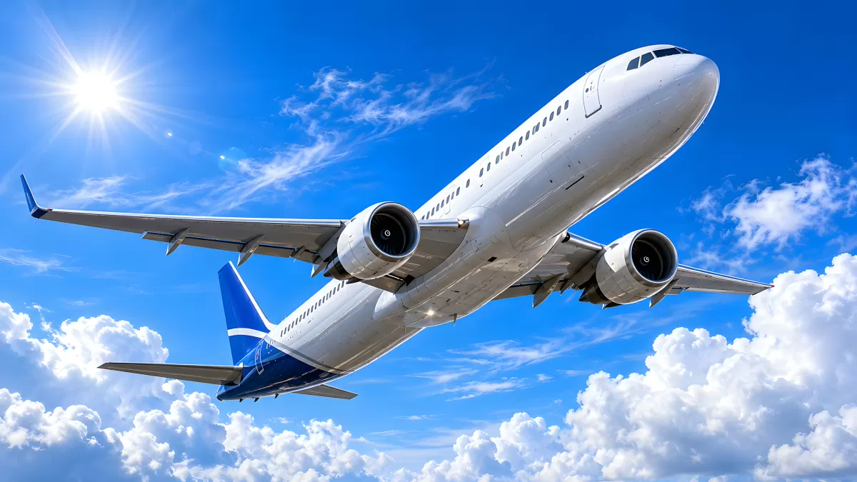 Passagierflugzeug steigt durch blauen Himmel auf