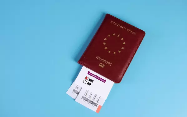 Passport and covid-19 vaccinated card with "Yes" mark