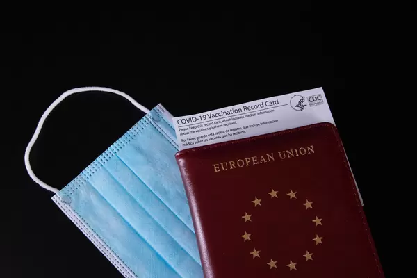 Passport and medical face mask with Vaccination record card