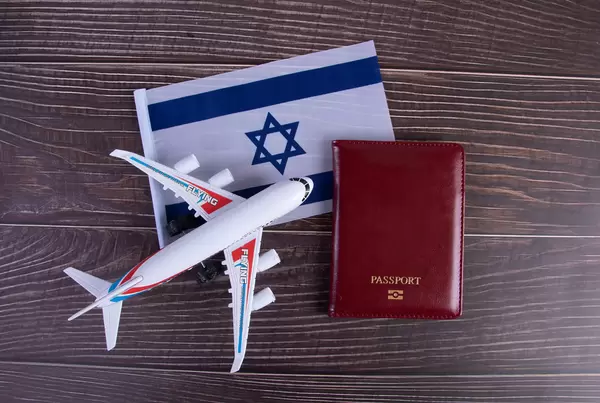 Passport, miniature airplane and flag of Israel on wooden table