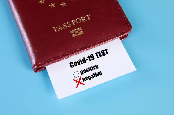 Passport with covid-19 test card with "negative" mark