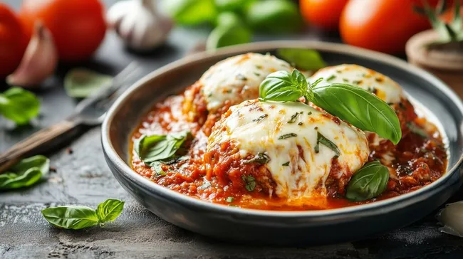 Pasta in Tomatensoße mit Mozzarella und Basilikum