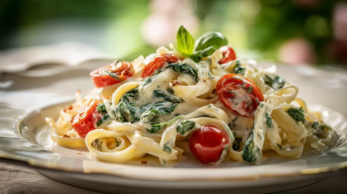 Pasta mit Bärlauch Frischkäse Sauce und Cocktailtomaten
