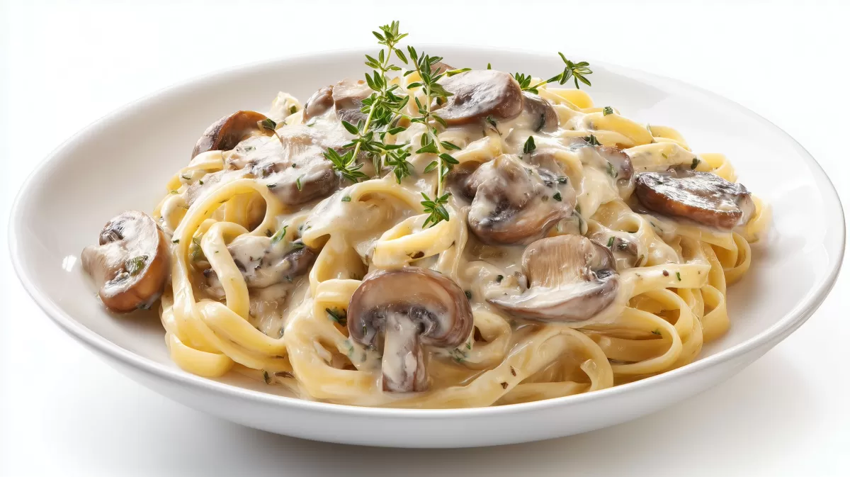 Pasta mit Champignon Rahmsauce auf weißem Teller