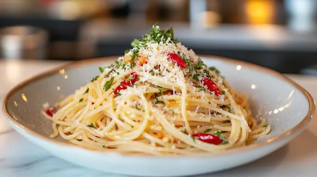 Pasta mit frischen Zutaten auf Teller