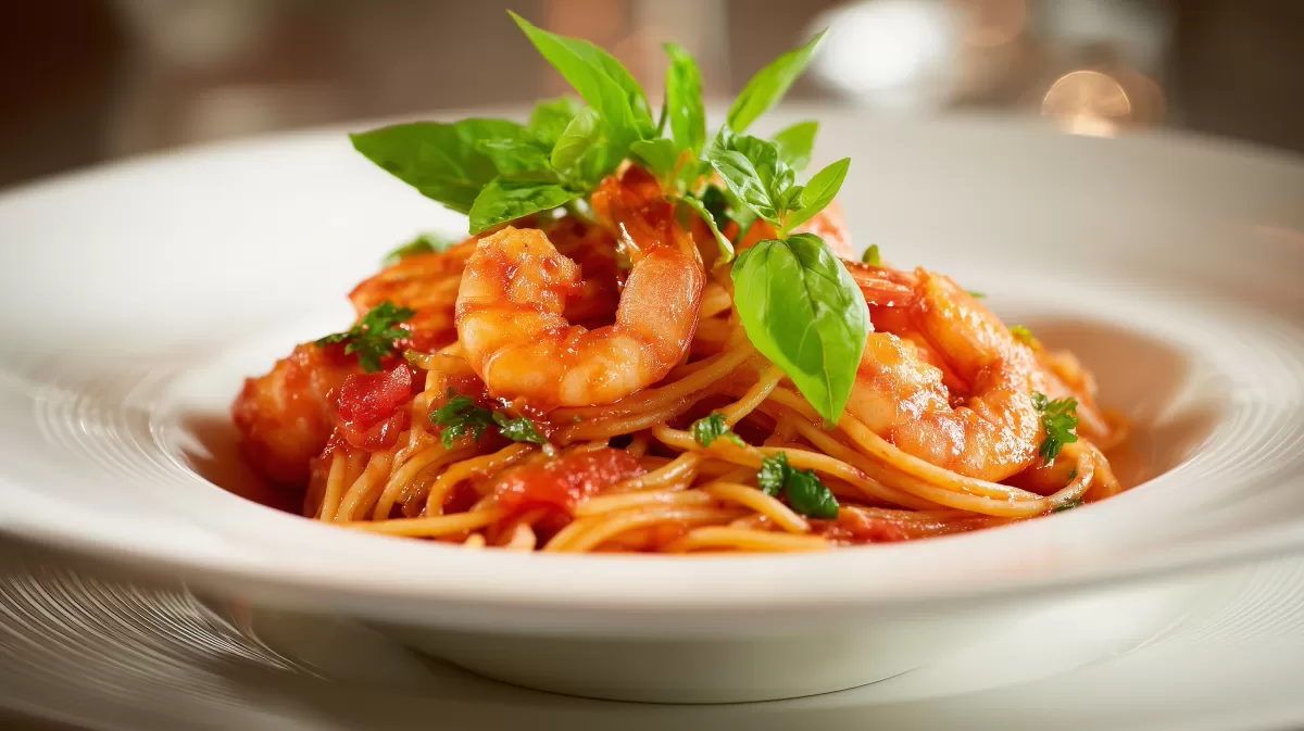 Pasta mit Garnelen Sahne Soe und frischem Basilikum