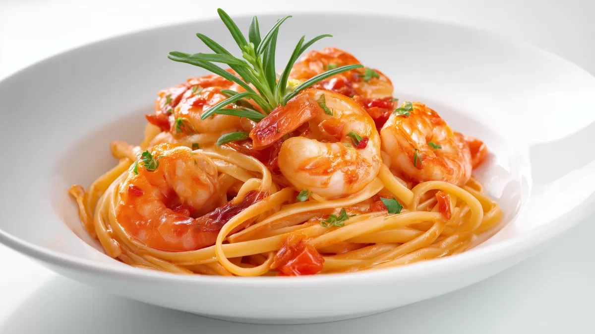 Pasta mit Garnelen Sahne Soße und Rosmarin