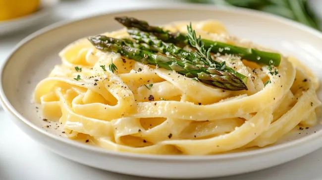 Pasta mit grünem Spargel und Zitrone auf Teller