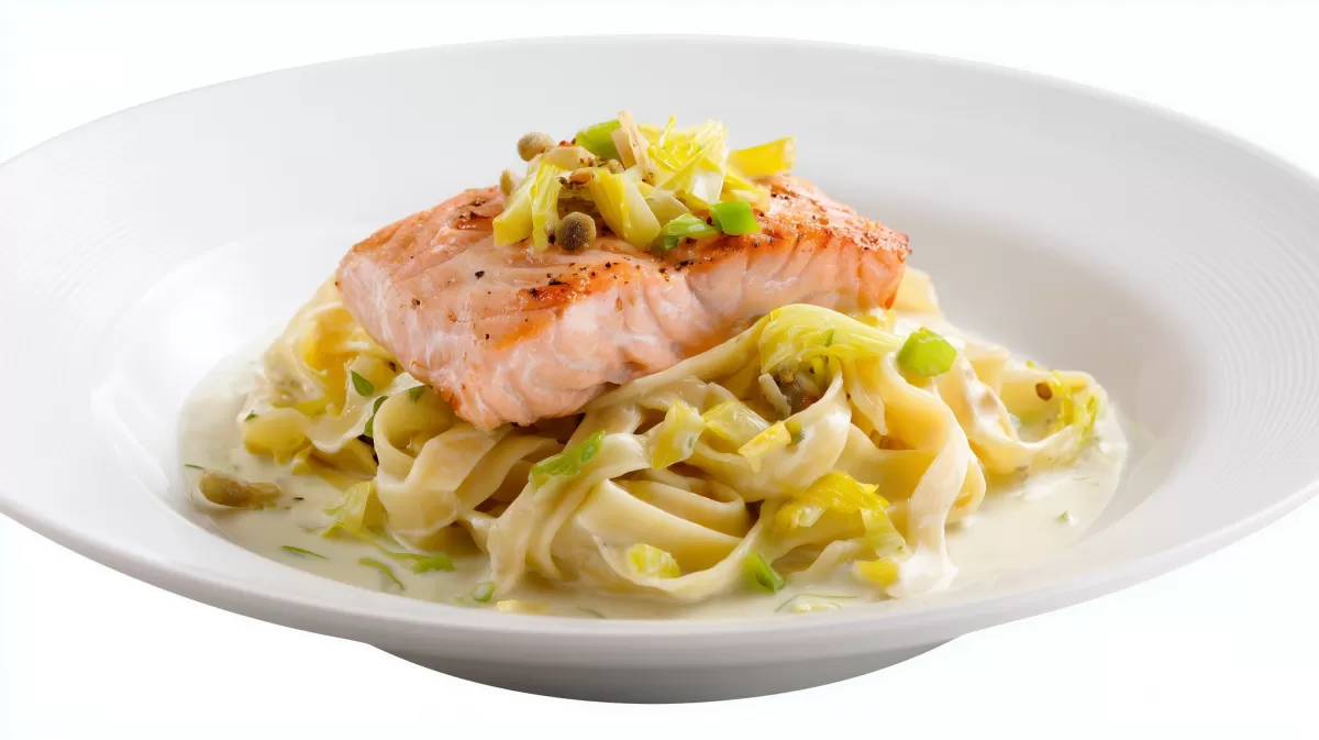 Pasta mit Lachsfilet und Porree Sahnesauce
