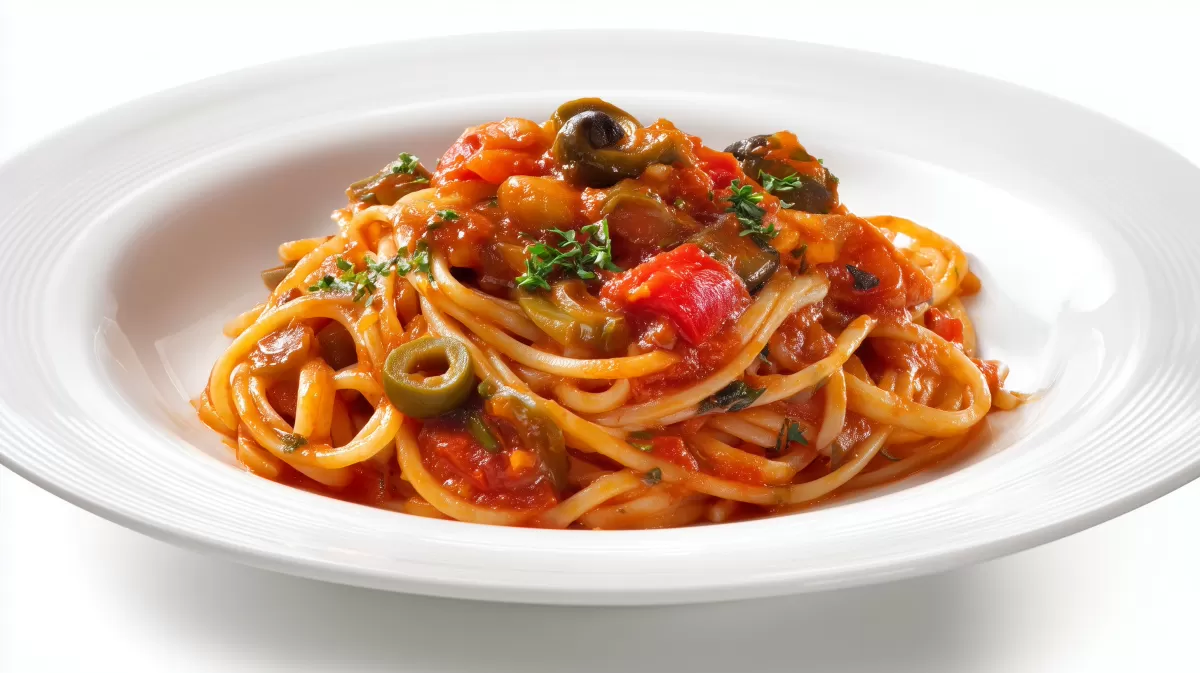 Pasta mit Ratatouille Sauce, Oliven und Tomaten