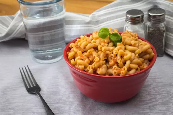 Pasta - Nudeln mit Tomaten-Soße in einer roten Schüssel mit Basilikum garniert