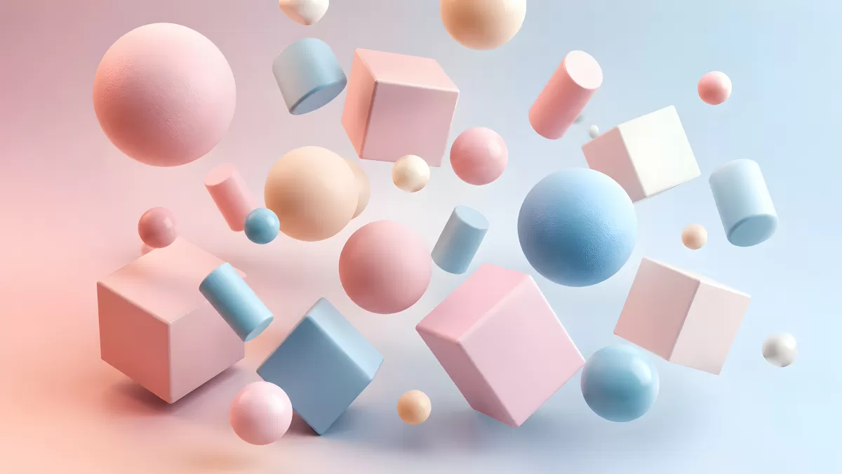 Pastellfarbene 3D-Formen schweben im leeren Raum