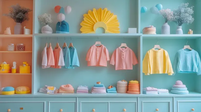 Pastellfarbene Kinderbekleidung im modernen Regal