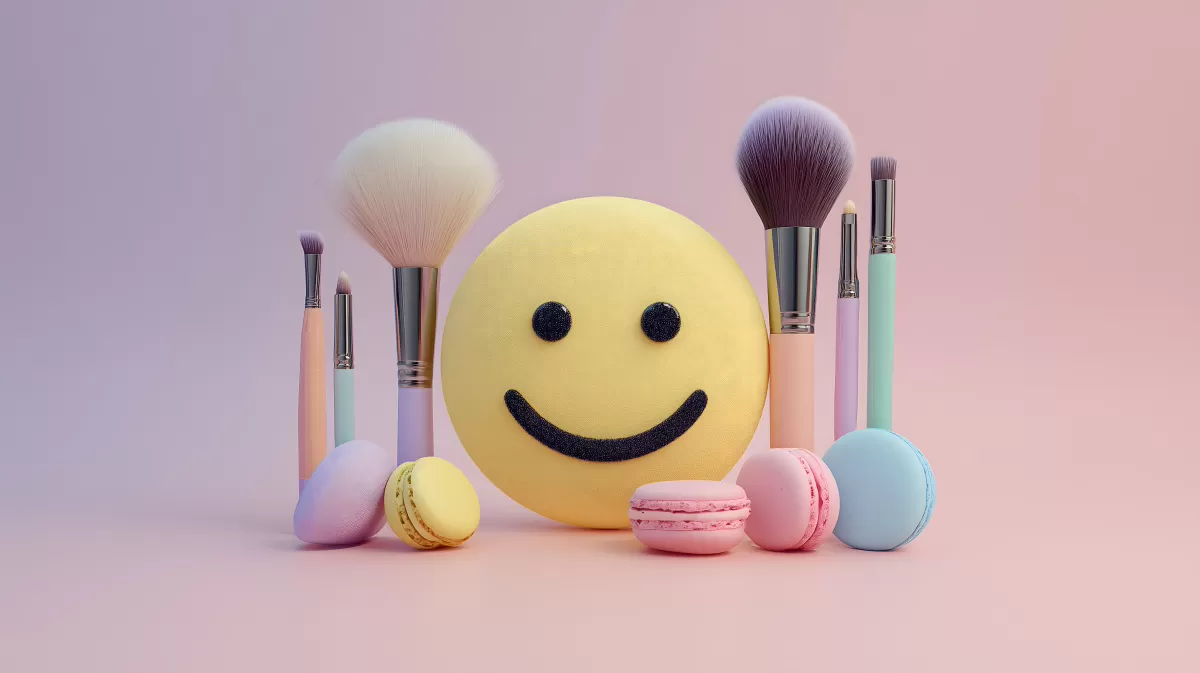 Pastellfarbene Kosmetik-Stillleben mit lächelndem Emoji