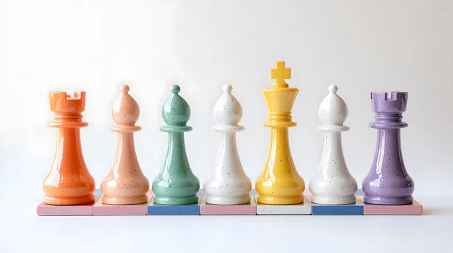 Pastellfarbene Schachfiguren auf weißem Hintergrund