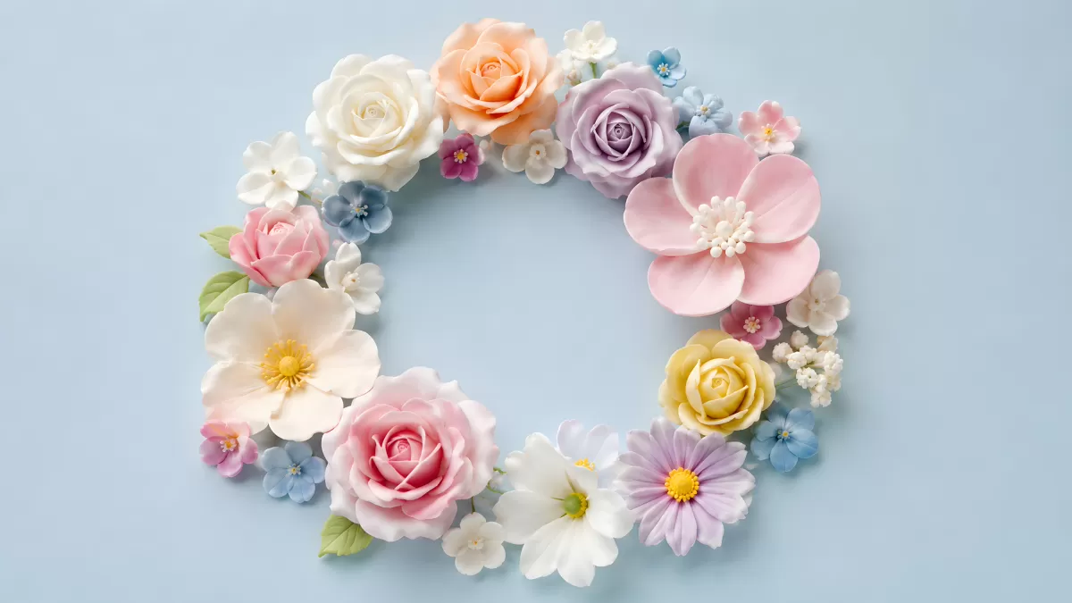 Pastellfarbener Blumenkranz aus zarten Rosen und Blüten