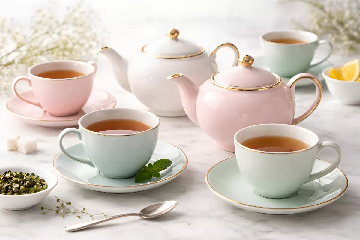 Pastellfarbenes Teeservice mit Goldrand auf Marmor