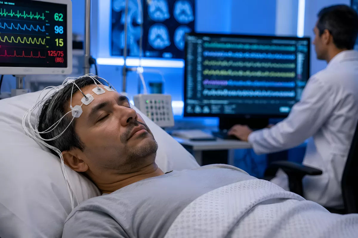 Patient mit EEG-Elektroden unter ärztlicher Überwachung