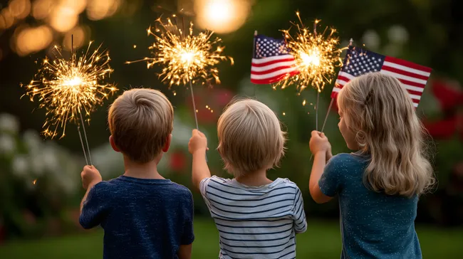 Patriotische Kinder feiern Unabhängigkeitstag mit Wunderkerzen und Flaggen