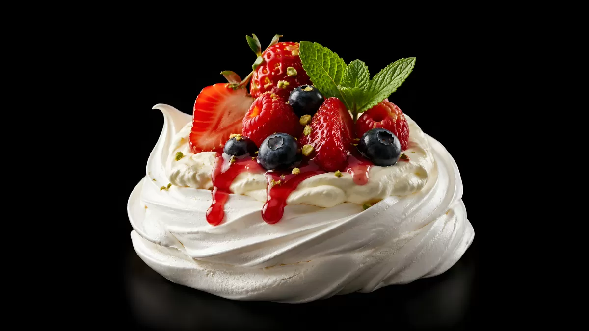 Pavlova mit frischen Beeren und Minze auf Schwarz