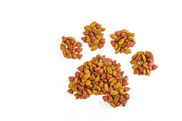 Paw made from dry pet food on white