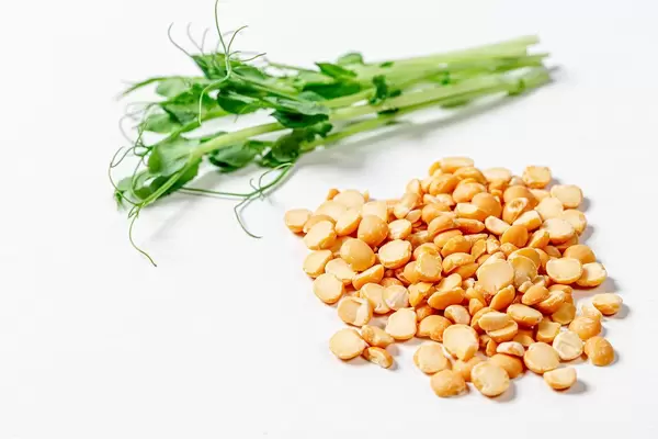 Pea grain and young pea sprouts on a white background (Flip 2019)