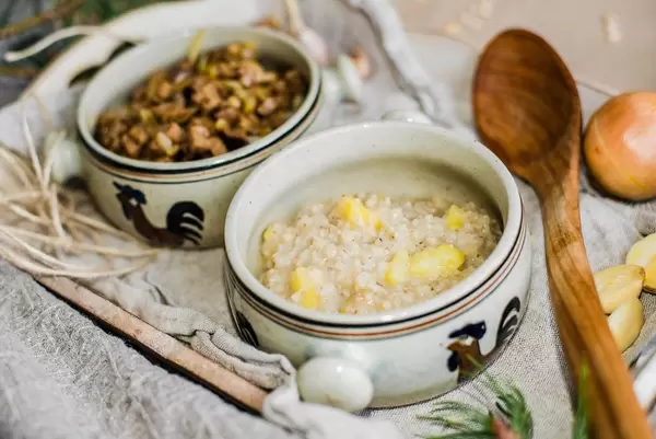 Pearl Barley Porridge With Meat And Veggies close Up