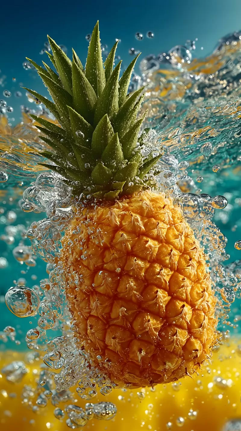 Peeled pineapple falling in slow motion with water splash