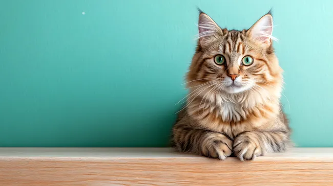 Pelzige Hauskatze mit stechenden Augen vor grüner Wand