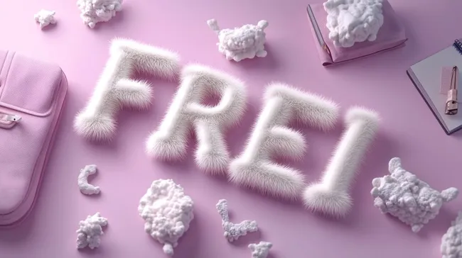 Pelziger Schriftzug 'FREI' auf lila Hintergrund