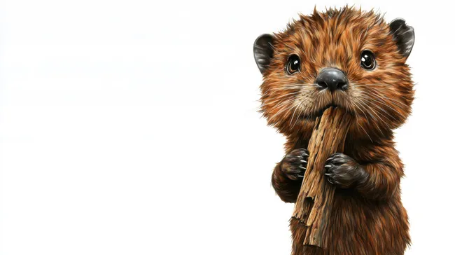 Pelziges Baby-Biber hält ein Holzstück in den Pranken