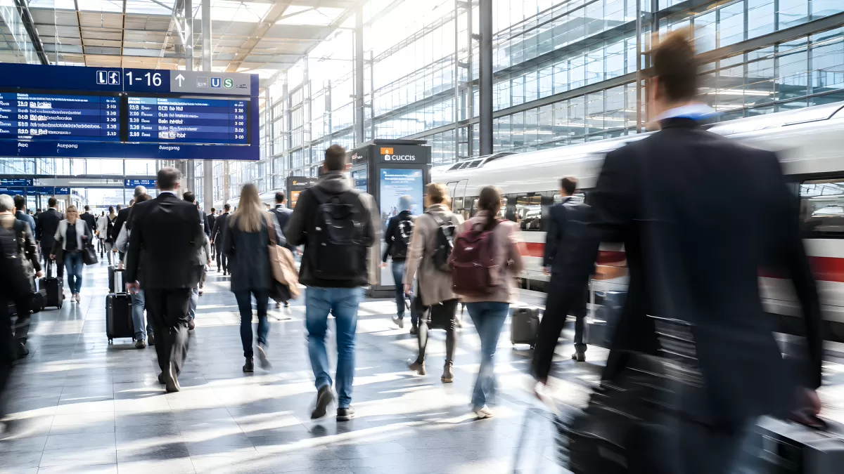 Pendler im Bahnhof laufen an ICE-Zug vorbei