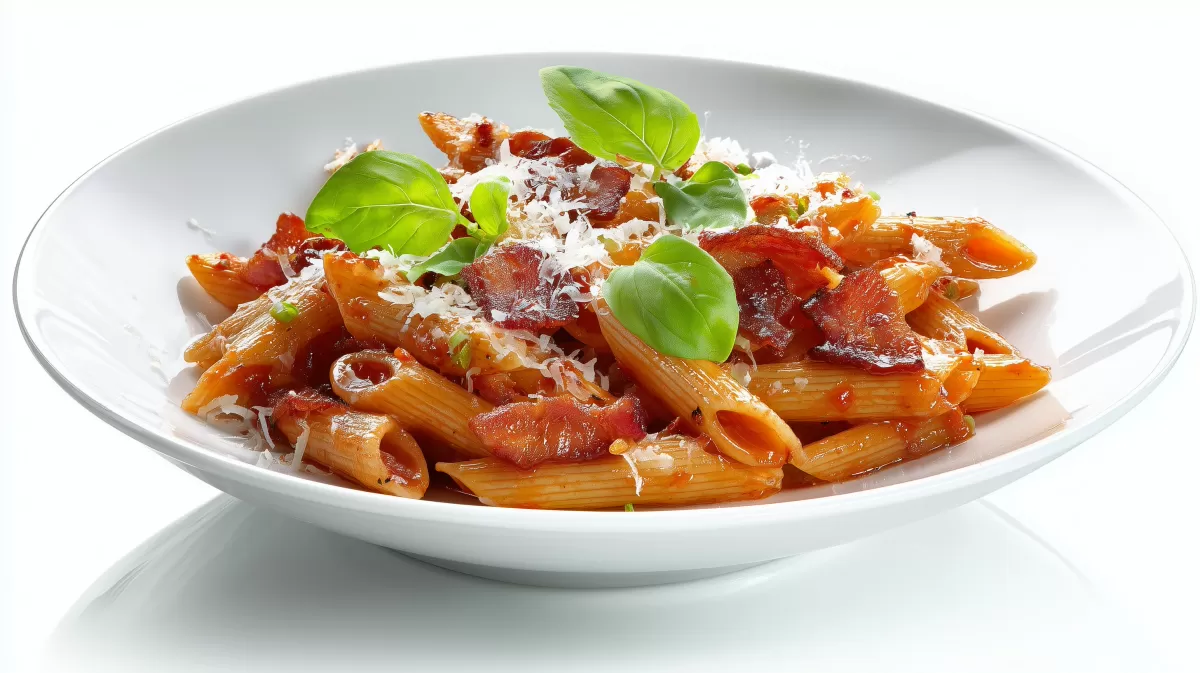 Penne all'Amatriciana mit Speck und Basilikum