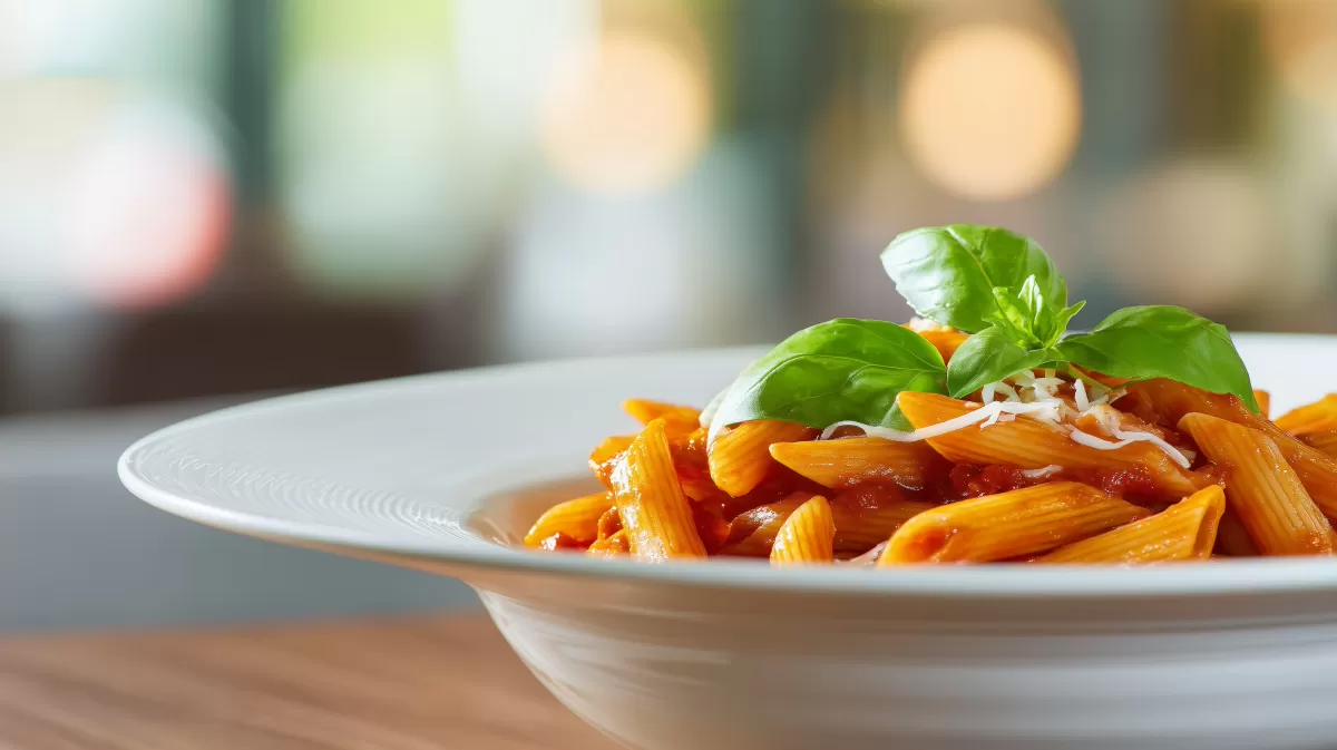 Penne all'Arrabbiata mit Basilikum im Restaurant