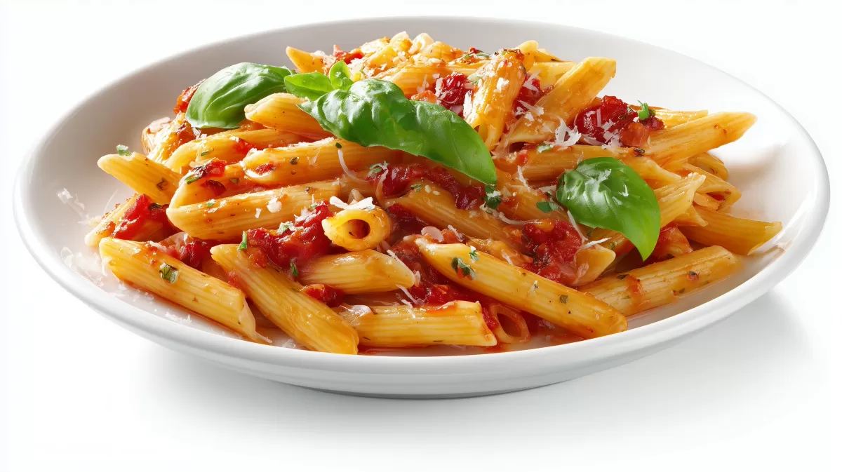 Penne all'Arrabbiata mit Basilikum und Parmesan