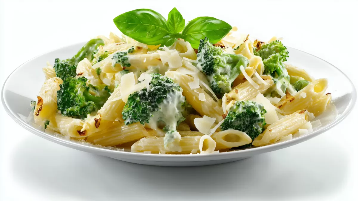 Penne mit Brokkoli und Ricotta auf weißem Teller