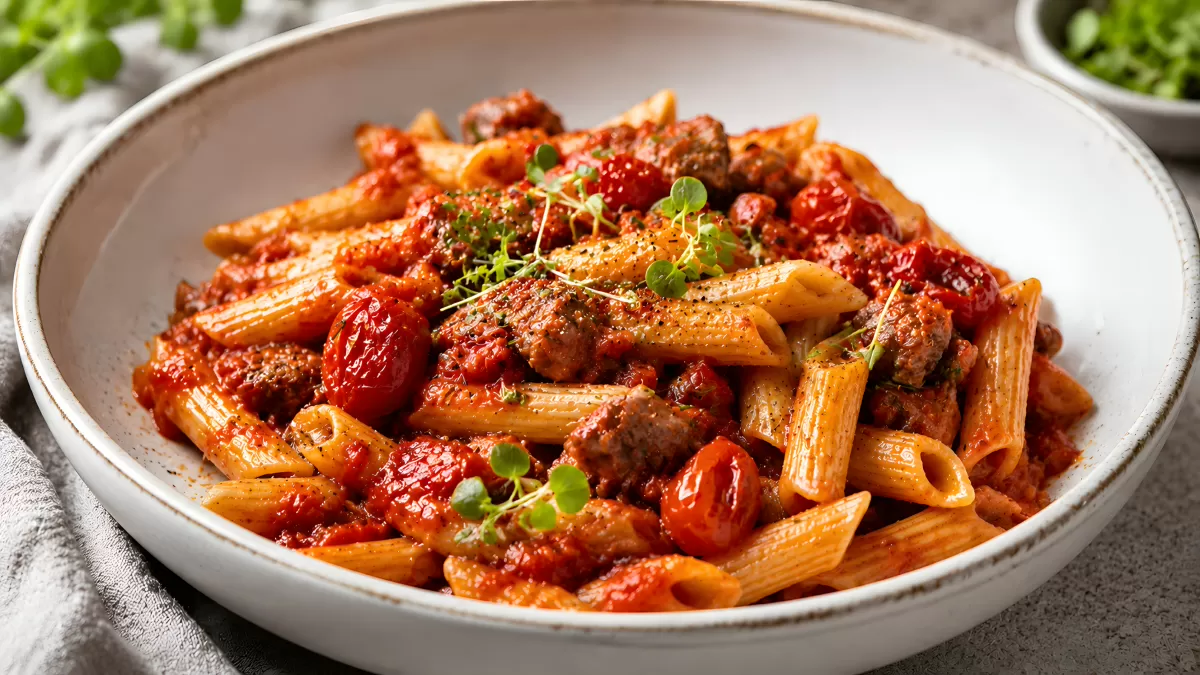 Penne mit Tomatensoße, Hackfleisch und Kirschtomaten