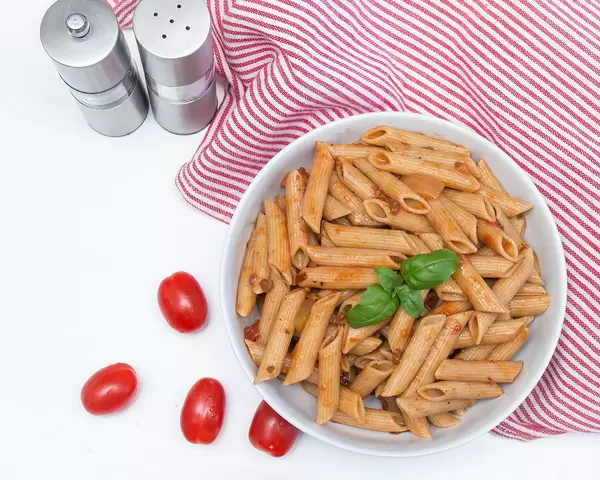 Penne Pasta Close Up with Tomato Sauce Top View   Flip 2019
