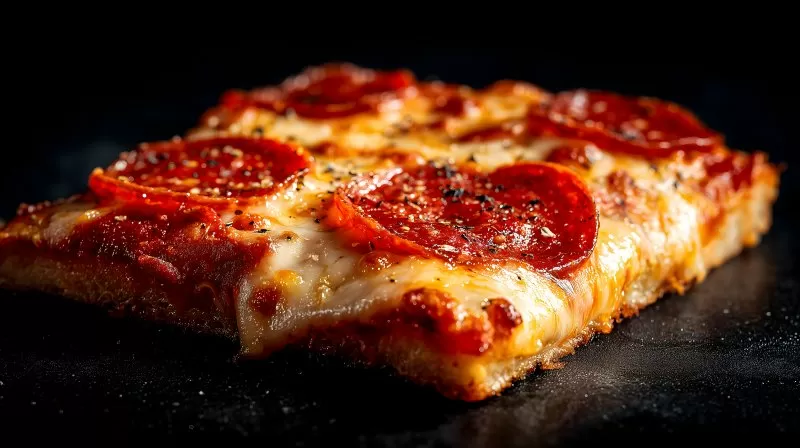 Pepperoni Pizza mit Käse auf schwarzem Hintergrund