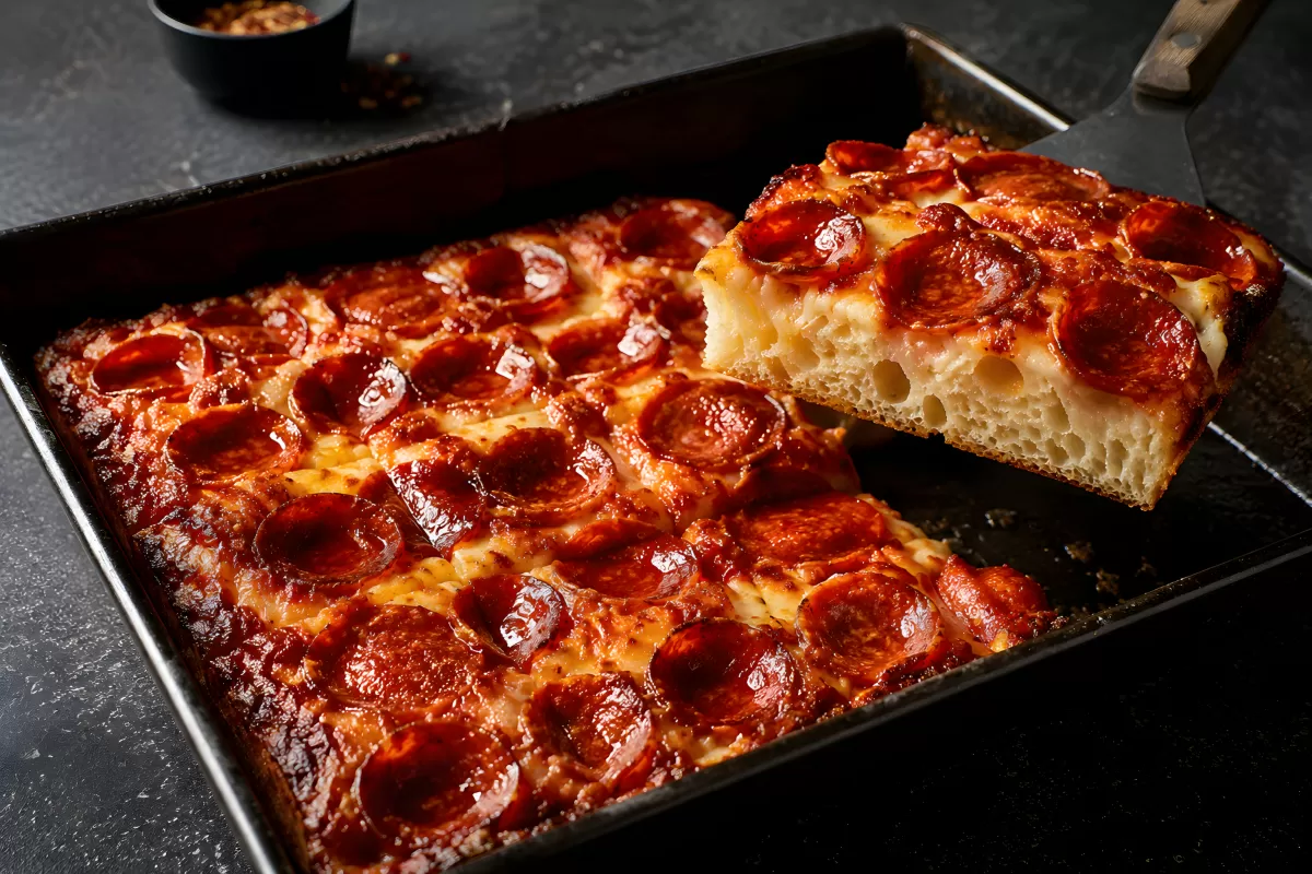 Pepperoni-Pizza vom Blech mit luftigem Teig