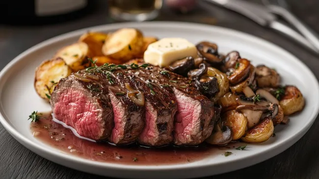 Perfekt gegarter Chateaubriand-Steak mit Pilzen und Kräuterbutter