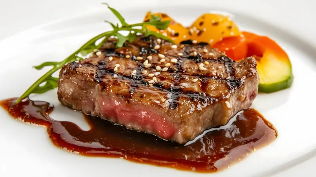 Perfekt gegarter Fleischsteak mit köstlicher Sauce und frischem Gemüse