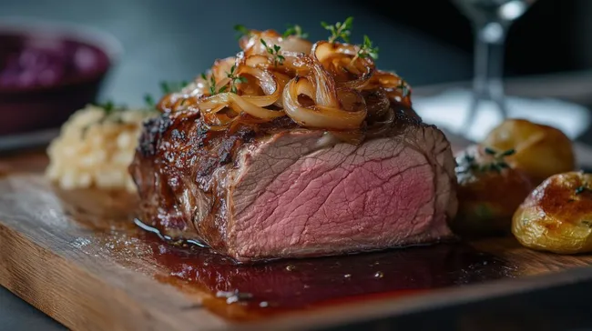 Perfekt gegarter Rinderlendensteak mit karamellisierten Zwiebeln