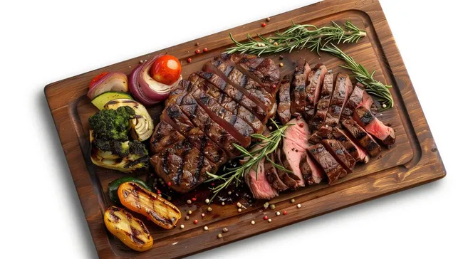 Perfekt gegrilltes Steak mit Gemüsebeilage auf Holzbrett