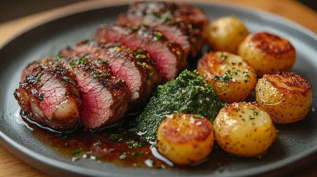 Perfekt gegrilltes Steak mit Rosmarinkartoffeln und Chimichurri